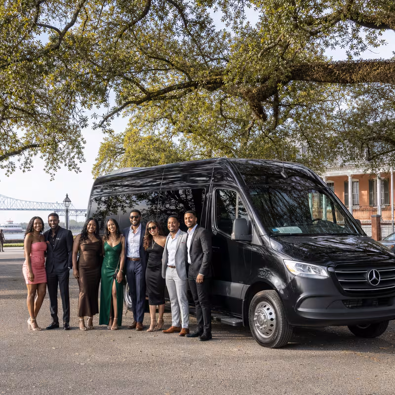 Group beside a Mercedes Sprinter limo from the New Orleans fleet