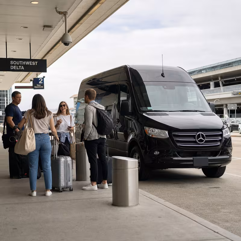 Group boarding a white charter bus for Airport Transportation transportation in New Orleans
