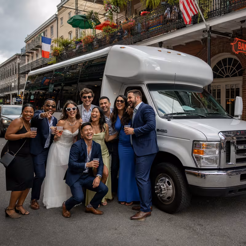 Black Mercedes Sprinter van staged for an New Orleans Bachelor & Bachelorette Transportation group