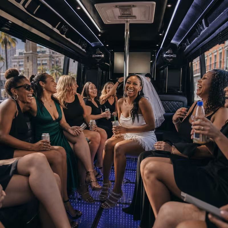 Party bus interior with wraparound leather seating and LED lighting in New Orleans