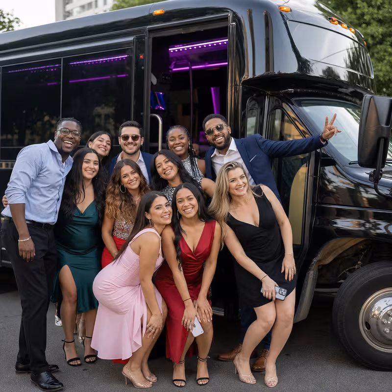 Party bus interior with wraparound leather seating and LED lighting in New Orleans