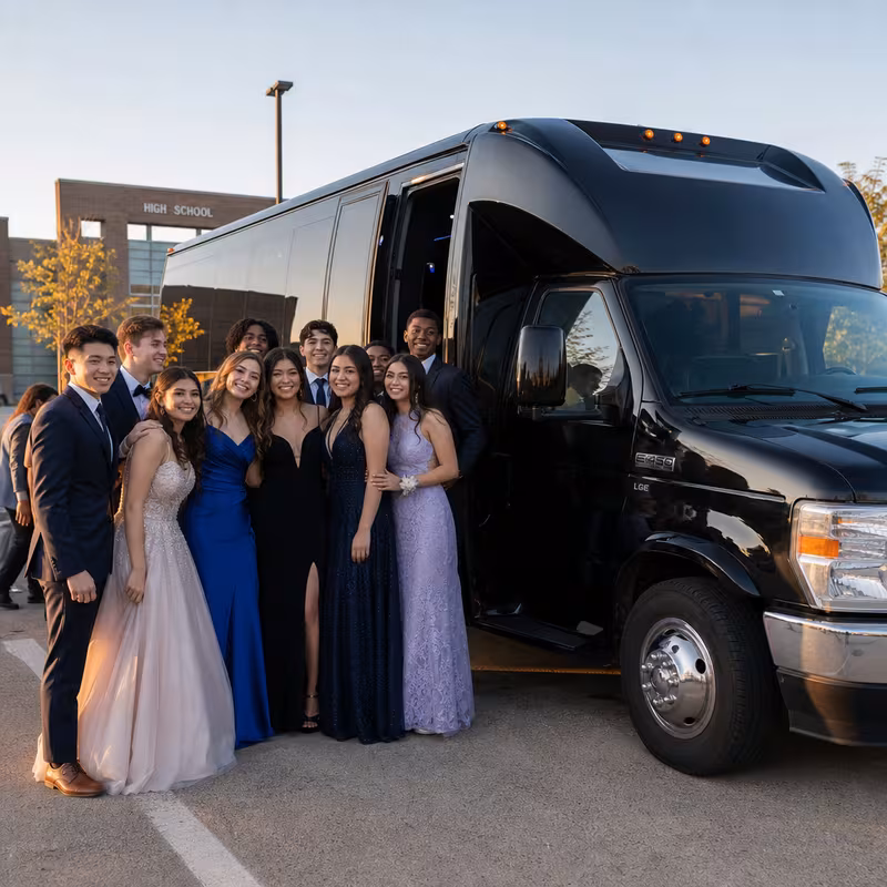 Group boarding a white charter bus for Prom & Homecoming Transportation transportation in New Orleans