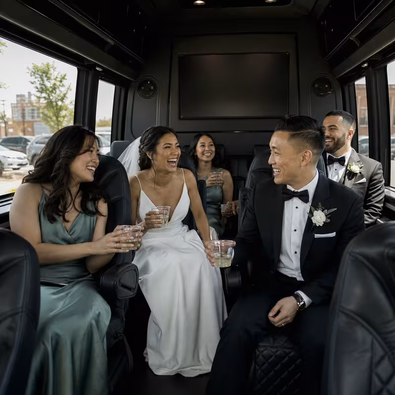 Black Mercedes Sprinter van staged for an New Orleans Wedding Transportation group