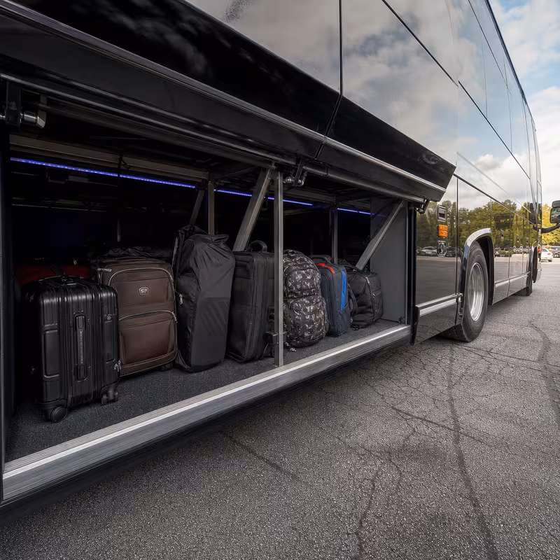 Party bus interior with wraparound leather seating and LED lighting in New Orleans
